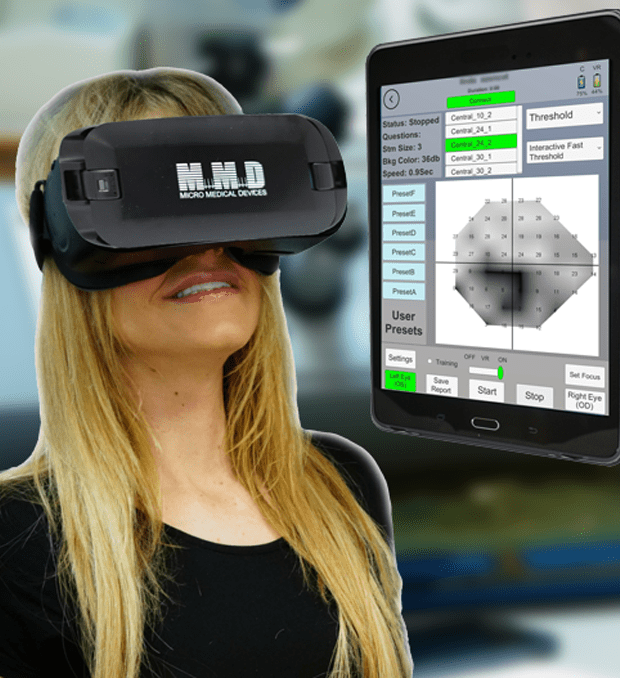 Patient using the Visual Field Analyzer from Micro Medical Devices