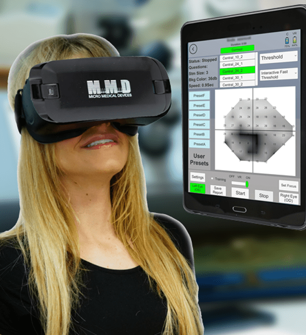 Patient using the Visual Field Analyzer from Micro Medical Devices