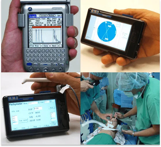 A collage shows handheld medical devices displaying charts and measurements, and doctors in surgical attire operating on a patient using similar devices in a clinical setting.