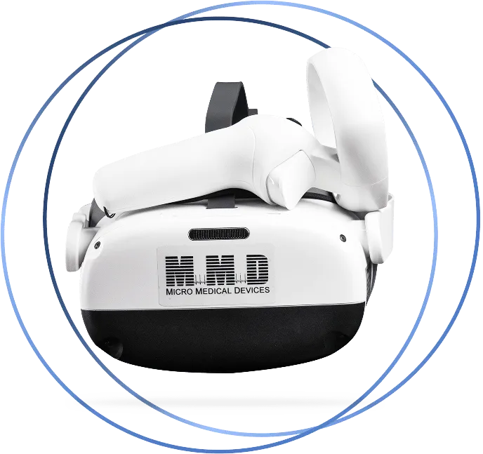A white virtual reality headset labeled Micro Medical Devices is positioned centrally, with two overlapping blue concentric circles surrounding it on a transparent background.
