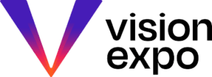 Logo featuring a large stylized V in purple and orange gradient, next to the words vision expo in bold black lowercase letters on a transparent background.