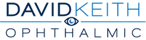Logo for David Keith Ophthalmic with the text in blue and an eye graphic between the words David and Keith.