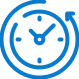 Blue icon of a clock with minute and hour hands, surrounded by a circular arrow indicating time or rotation, suggesting the concept of time or scheduling.