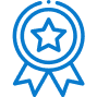 Blue line icon of an award ribbon with a star in the center, symbolizing achievement or excellence.