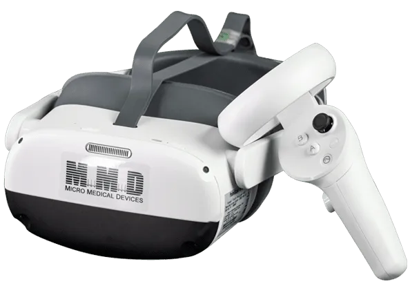 A white and gray virtual reality headset labeled Micro Medical Devices with an attached adjustable strap, accompanied by a matching handheld controller.