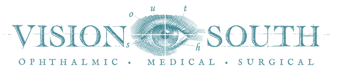 Logo for Vision South featuring a stylized eye illustration with anatomical labels, and the words “Vision South” above the text “Ophthalmic • Medical • Surgical.”.