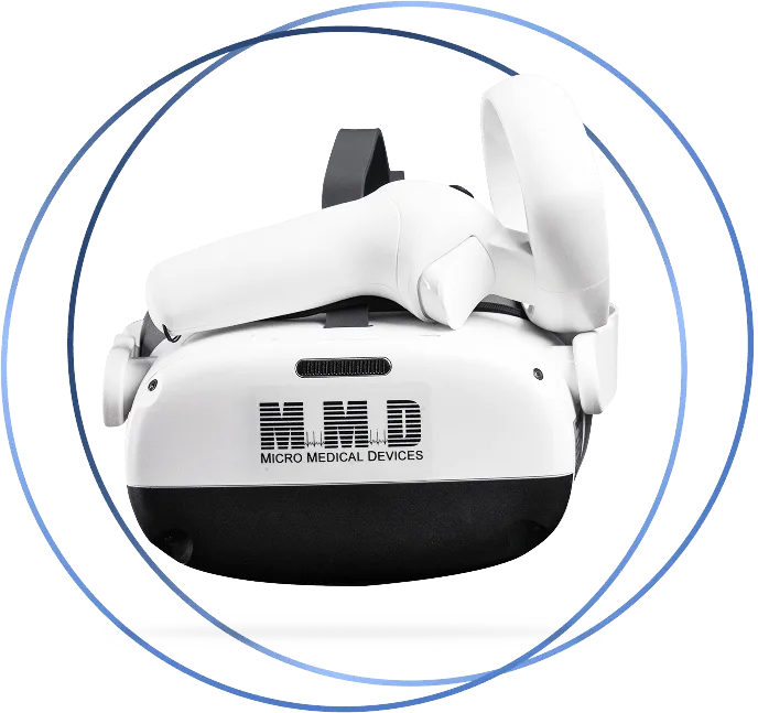 A white and black virtual reality headset labeled Micro Medical Devices with the abbreviation MMD on the front, framed by a blue circular graphic.