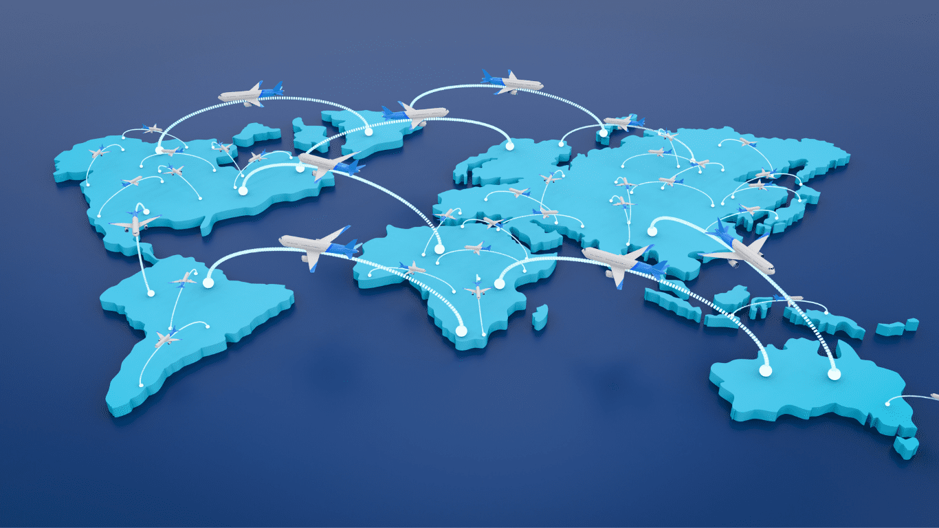 A 3D world map with blue continents and white lines showing airplane routes between various countries. Several airplanes are flying along the routes, illustrating global air travel connections.