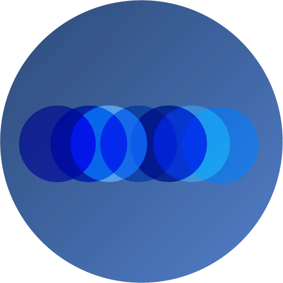 A blue circle containing five overlapping, semi-transparent circles in varying shades of blue, aligned horizontally across the center.