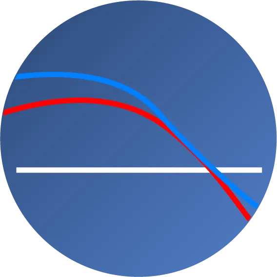 A blue circle with a white horizontal line and two curved lines, one red and one blue, arching above and then sloping downward across the circle.