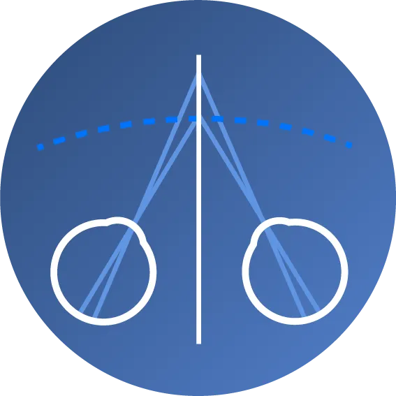 A blue circle with two white outlined circles connected by lines to a central vertical white line. A dashed blue arc appears above, and gradient blue lines intersect between the circles and the central line.