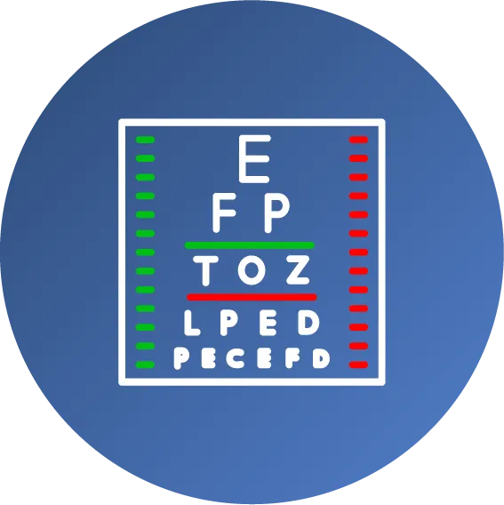 An icon of an eye chart with rows of letters in varying sizes, set against a blue circular background, with red and green vertical bars on each side of the chart.