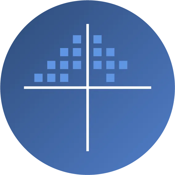A blue background with a white cross in the center. In the upper left quadrant, there are five rows of small blue squares arranged in a triangular formation.