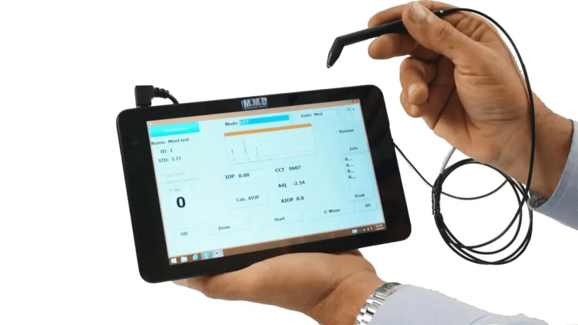 A person holds a tablet displaying analytical data, using a connected pen-like probe device in their other hand, suggesting the tablet is being used for measurements or diagnostics.