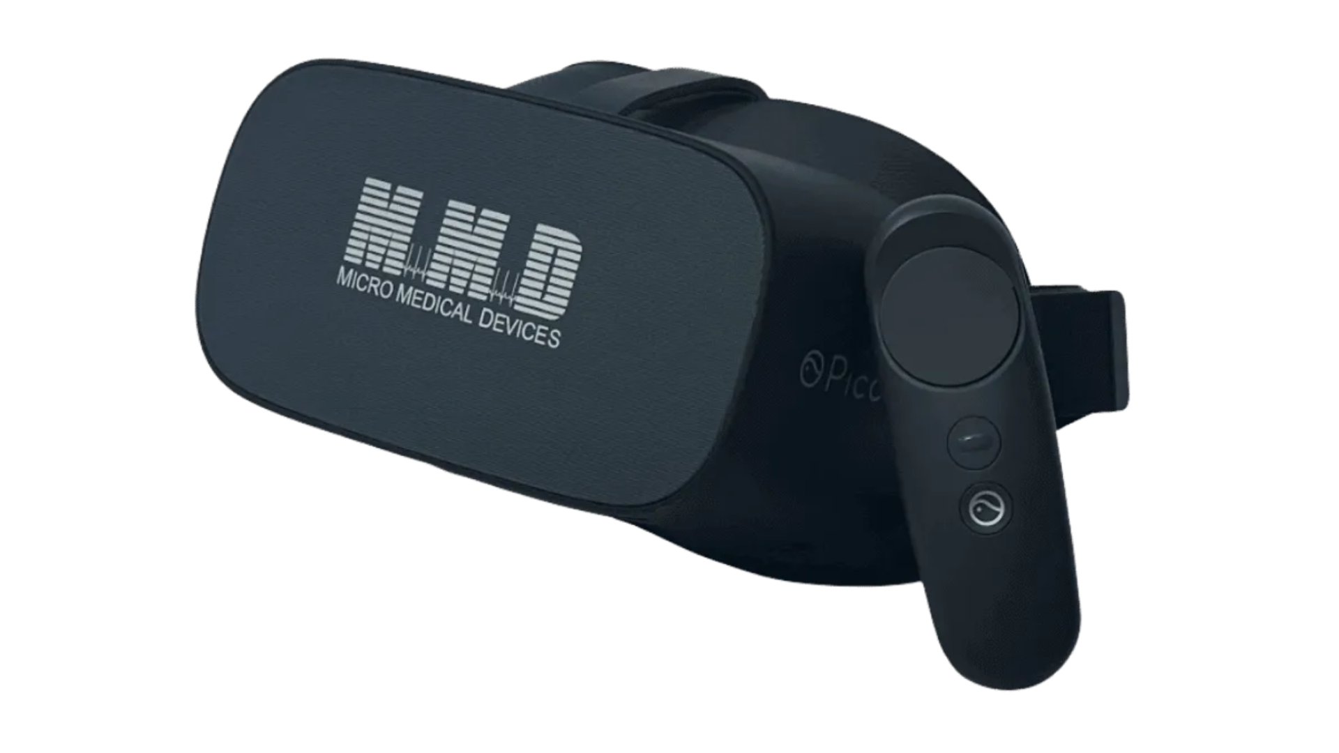 A black virtual reality headset labeled “MICRO MEDICAL DEVICES” with a matching black handheld controller shown against a white background.