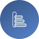 White minimalist icon of three folded towels stacked on top of each other, centered on a solid blue circular background.