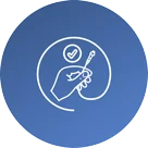 White outline of a hand holding a cotton swab with a checkmark above it, all inside a circle on a blue background.