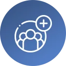 White icon of three people with a plus sign in a circle on a blue circular background, representing adding or inviting people to a group or community.