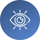 A white outline of an eye with radiating lines, symbolizing vision or awareness, is centered on a blue circular background.