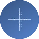A circular blue background with a white crosshair pattern, including horizontal and vertical lines intersecting at the center, and shorter tick marks along each line.