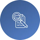 A white outline of a document and magnifying glass icon centered on a blue circular background, symbolizing search or review of documents.