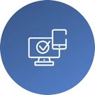 White icons of a computer monitor with a checkmark and a smartphone overlapping it, centered on a blue circular background.
