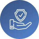 A blue circular icon featuring a white outline of a hand holding a shield with a check mark, symbolizing security, protection, or safety.