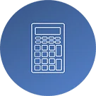 White calculator icon with rectangular display and buttons, centered on a circular blue background.