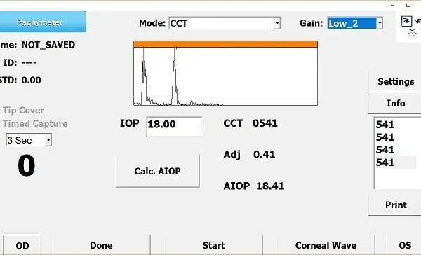 A medical software interface for a pachymeter, showing CCT mode, IOP at 18.00, CCT at 0541, AIOP at 18.41, and settings options on the right. A small chart and measurement details are displayed.