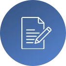 White line drawing of a sheet of paper with horizontal lines and a pencil icon, centered on a blue circular background.