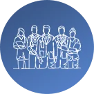 White line drawing of five people in professional attire, including lab coats and stethoscopes, standing together on a blue circular background.