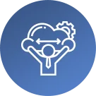 White icon of a person in a tie holding up a cloud with outward arrows and a gear inside, on a blue circular background. Represents cloud technology or cloud collaboration.