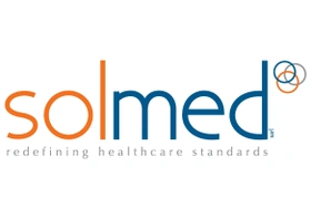 Logo for Solmed, featuring sol in orange and med in blue with three interlocking circles above the d and the tagline redefining healthcare standards written below in gray.