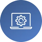White outline of a laptop with a gear symbol on its screen, centered on a blue circular background. The image represents technology or computer settings.
