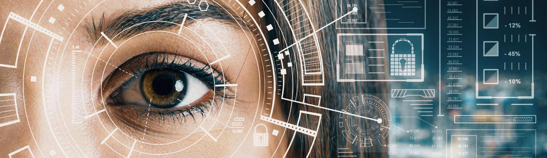 Close-up of a human eye overlaid with digital interface graphics representing vision analysis and diagnostic technology.