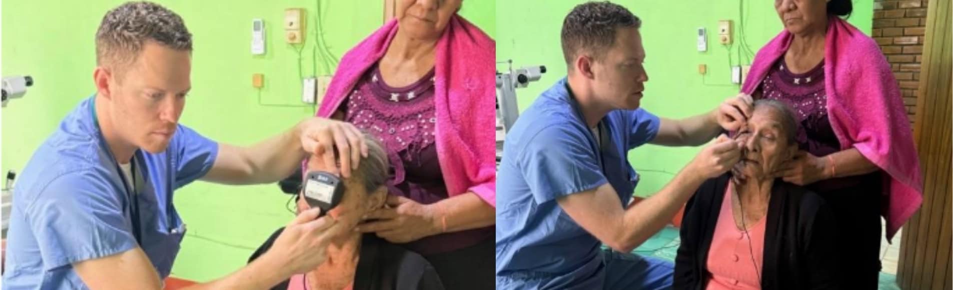 Joel Ciolek conducting an eye examination for an older patient during a medical outreach mission.