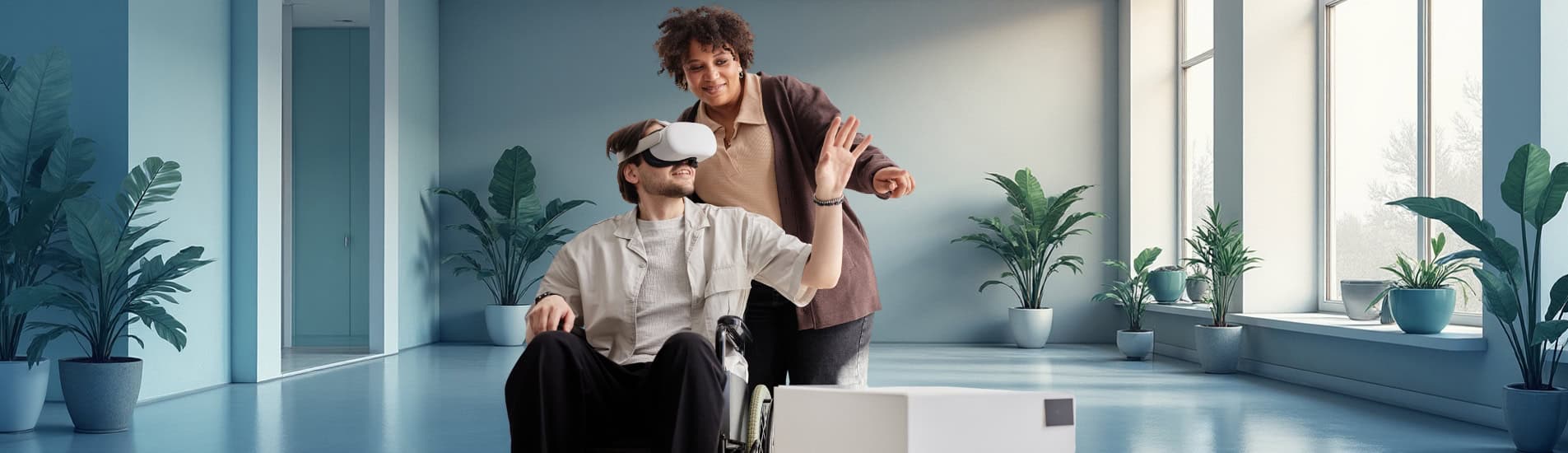 A person in a wheelchair using a virtual reality headset for visual field testing, assisted by a clinician in a bright, accessible space.
